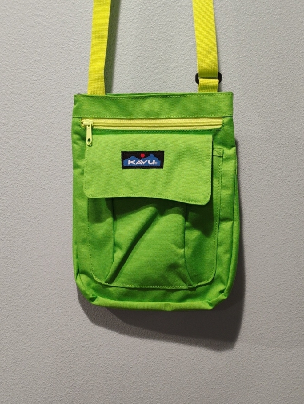 Kavu Neon Lime Green Crossbody Sling Bag with Yellow Strap